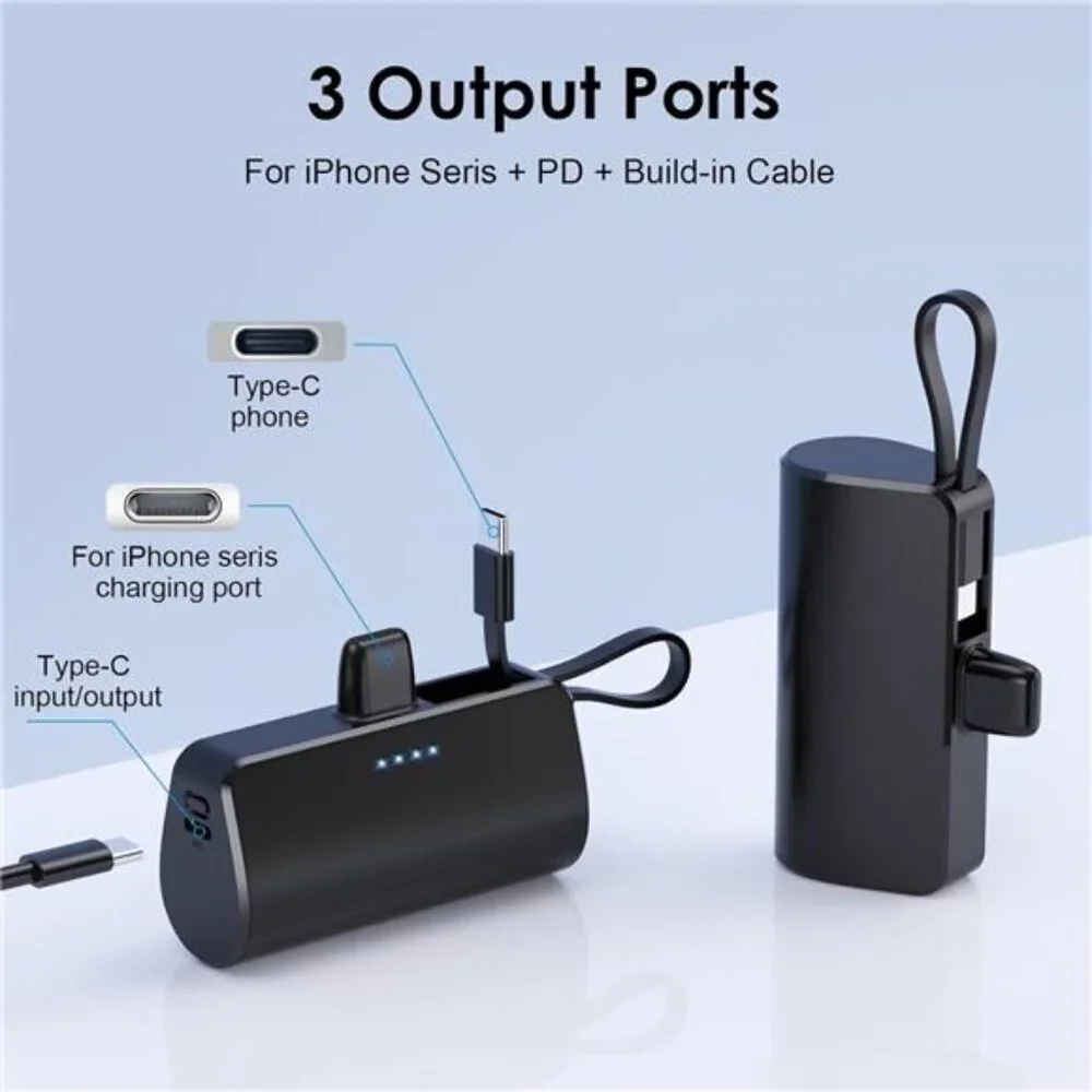 Small Portable Charger 5200 mAh Ultra-Compact Power Bank with Built-in Cable
